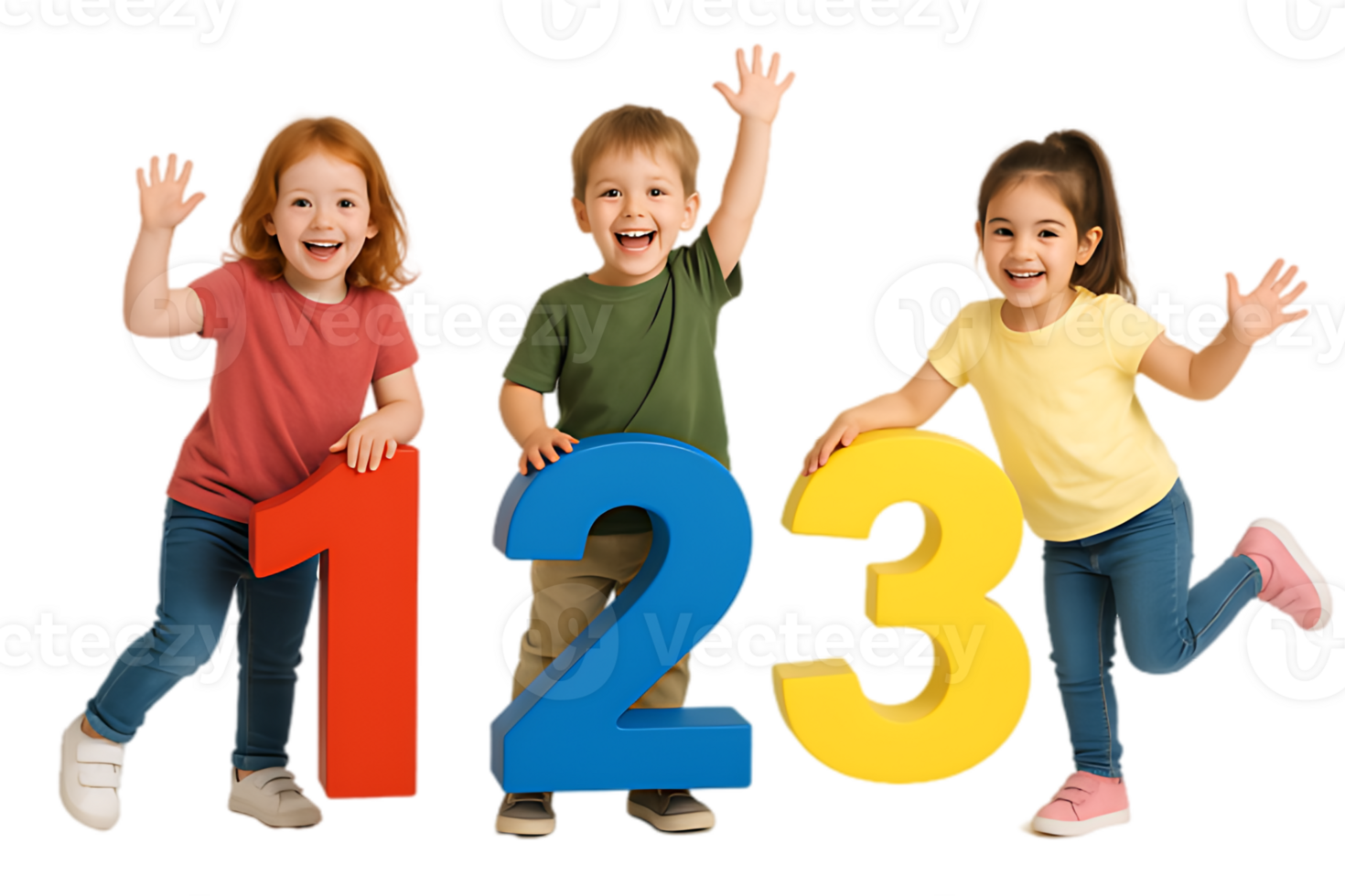 Happy preschool children learning numbers one two three playfully pose with large colorful digits against a white background png