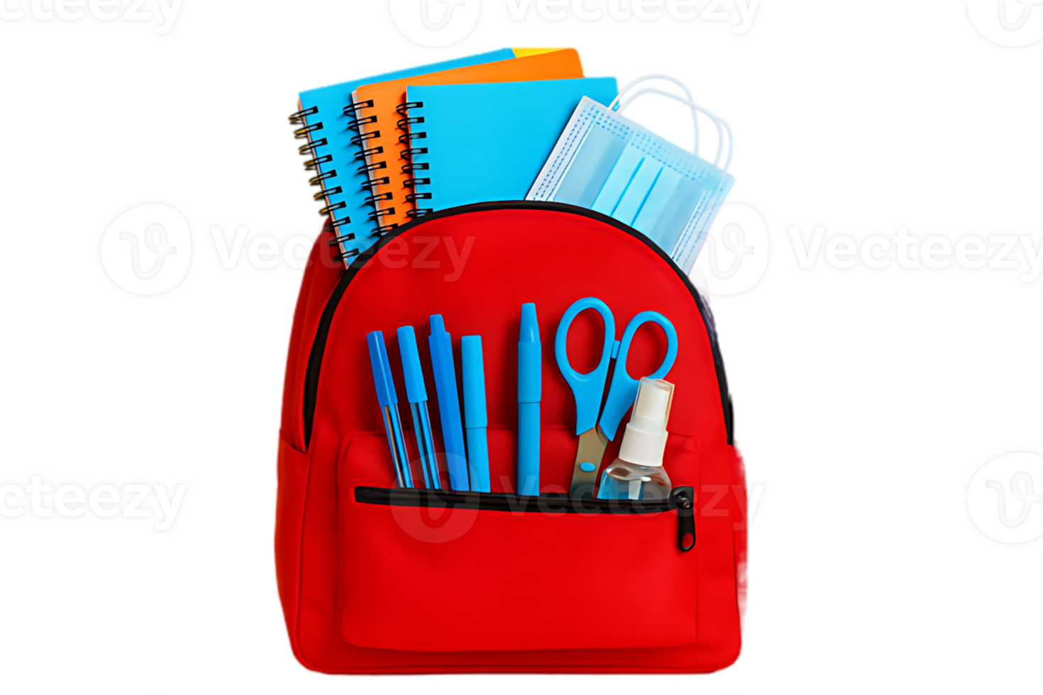 Red backpack filled with school supplies including notebooks, pens, sanitizer, and face mask png