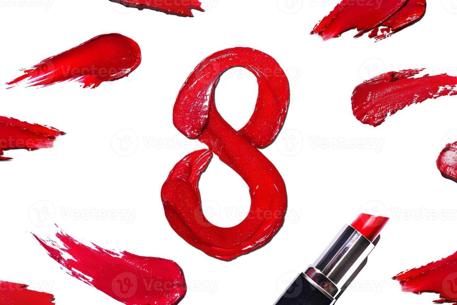 Swatch red eight-shaped lipstick with lipstick banner on a white background. Red lipstick glossy texture eight shape. 8 march happy international woman day photo