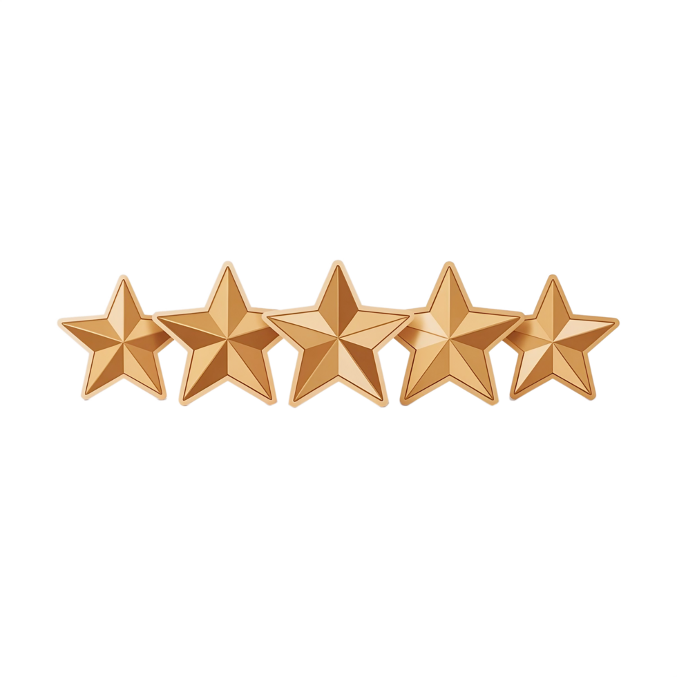 a set of five golden, 3D-style stars png