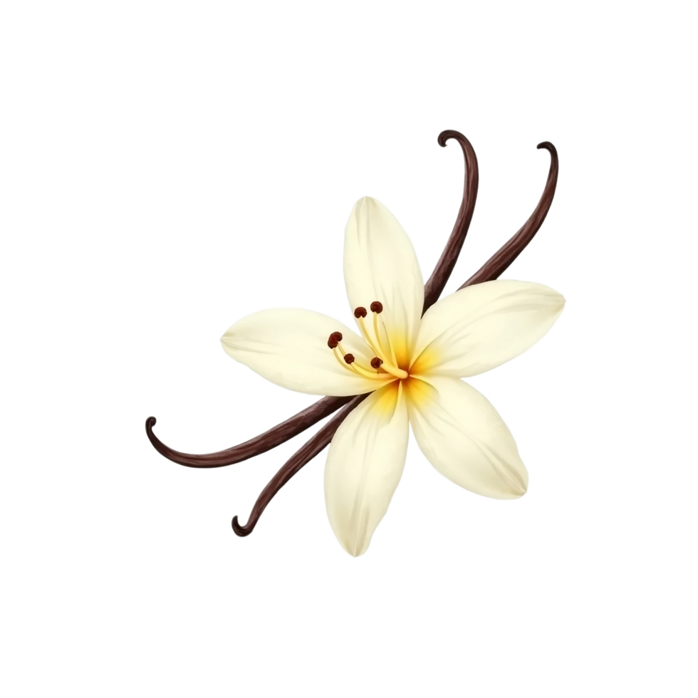 White vanilla flower with brown vanilla sticks, png