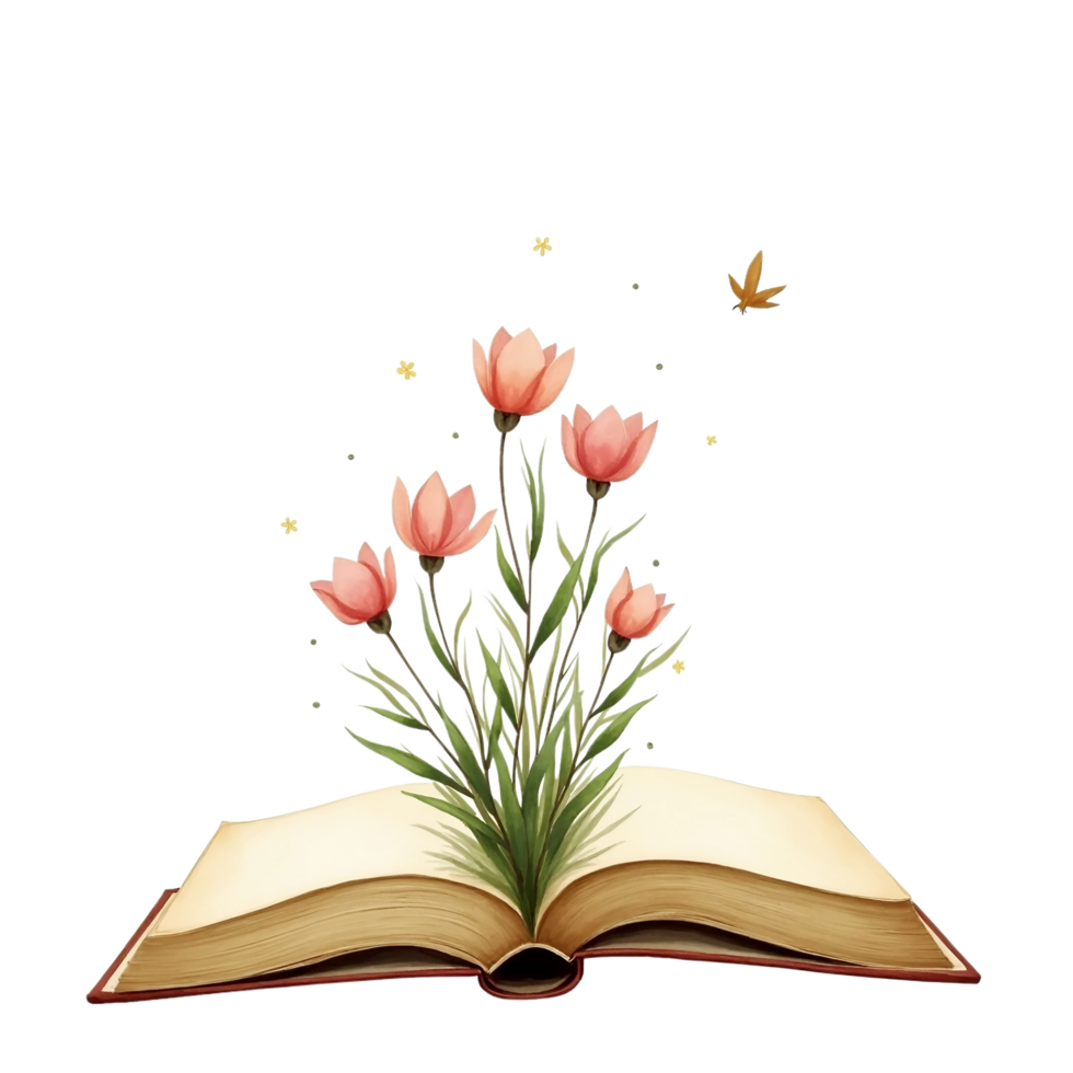 flowers growing from the pages of an old open book, png
