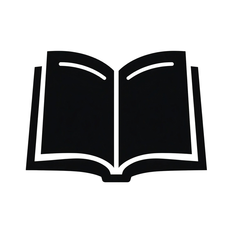 A sleek, high-contrast, black silhouette open book png