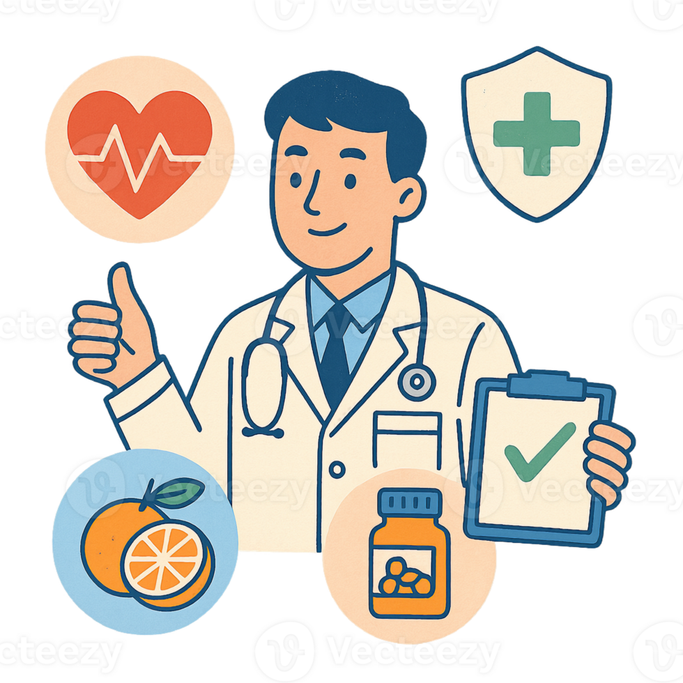 A doctor holding a clipboard with various health and wellness items png