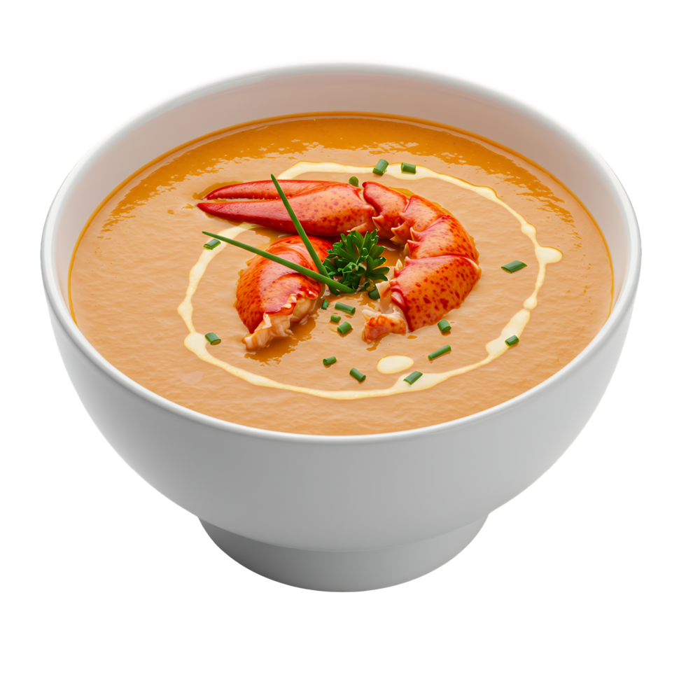 Creamy Lobster Bisque in White Bowl with Garnish png