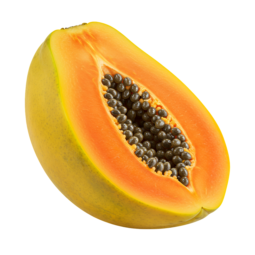Ripe Papaya Half with Orange Flesh and Dark Seeds on Transparent png