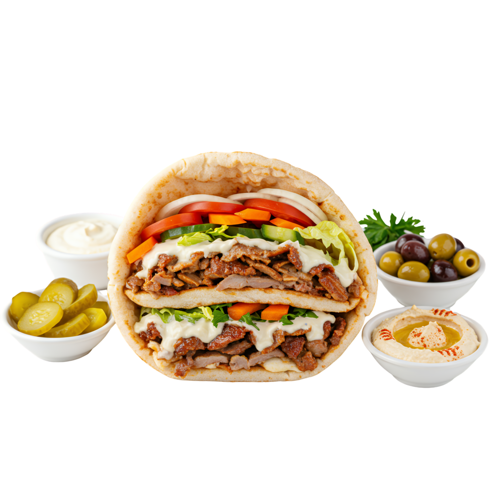 Double Decker Pita Sandwich with Grilled Meat and Creamy Sauce png