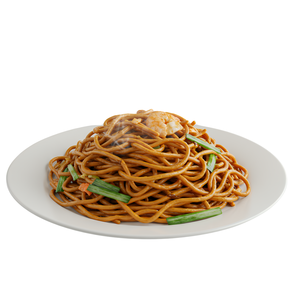 Steaming Hot Stir Fried Noodles with Meat and Vegetables on White png