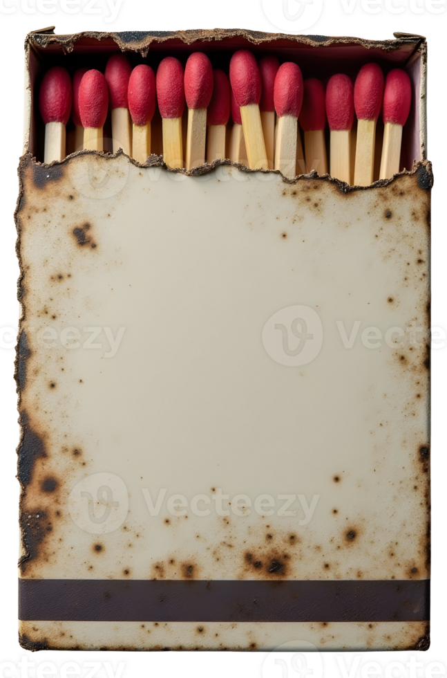 Old burnt matchbox showing red headed wooden matches, vintage damaged object png