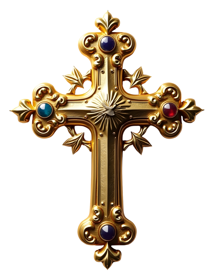 Ornate gold cross, adorned with sparkling jewels, symbol of deep faith and spiritual png