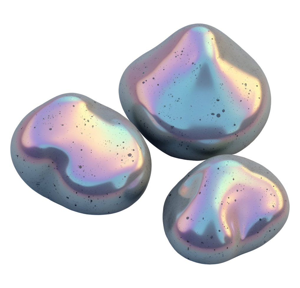 Iridescent metallic pebbles create smooth, reflective surface, evoking calming wonder png