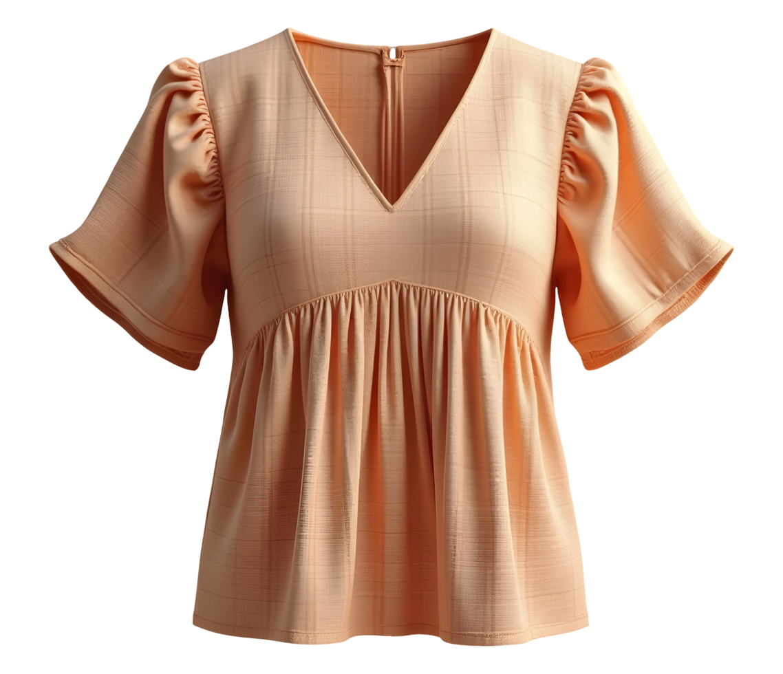 Comfortable peach top features gathered waist and puff sleeves for graceful look png