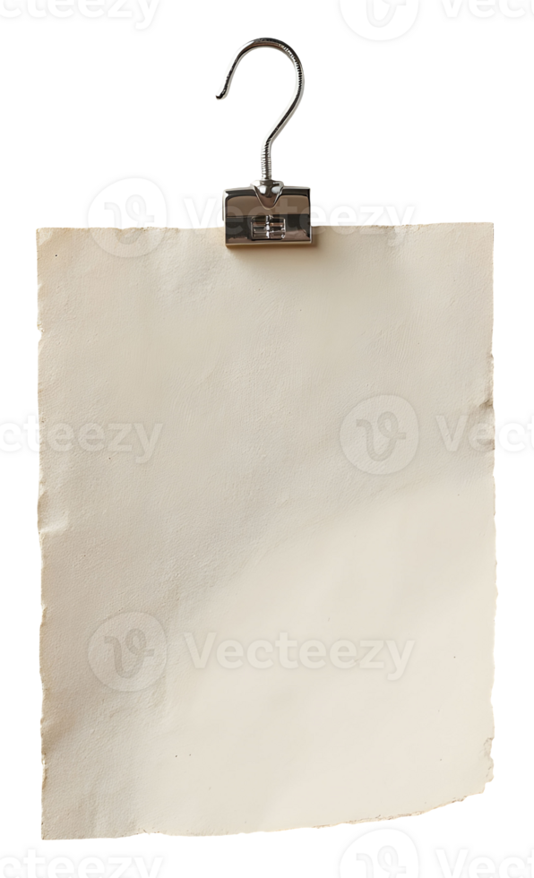 Blank old paper held by metal clip with hook, evoking sense of calm png