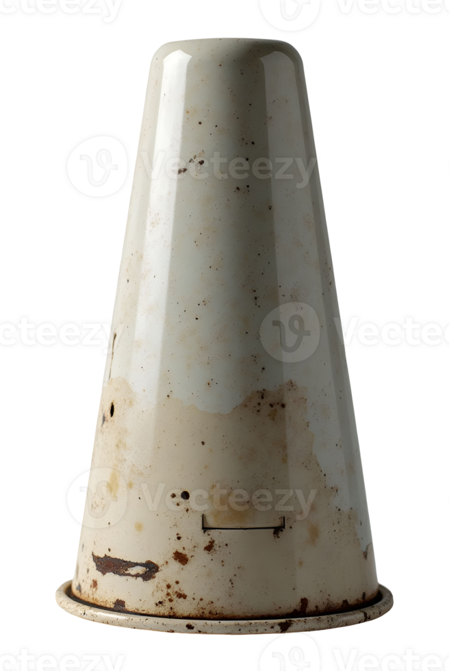 Weathered old metal cone, stained and rusted, stands in solitude, showing its history png
