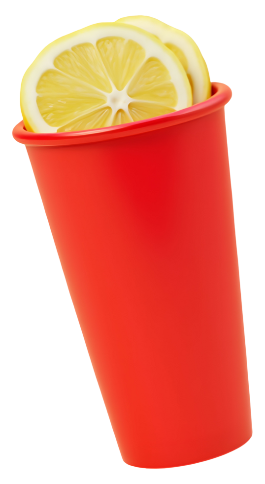 Vibrant red cup holding fresh lemon slices. refreshing fruit image png