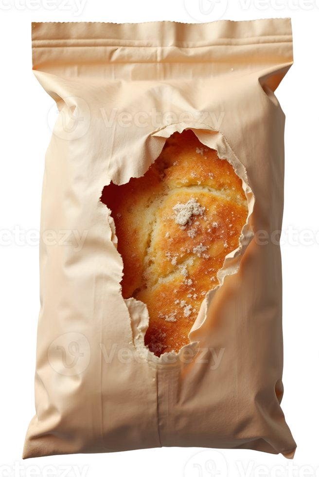 Golden bread peeking from torn natural paper bag, fresh and appealing png