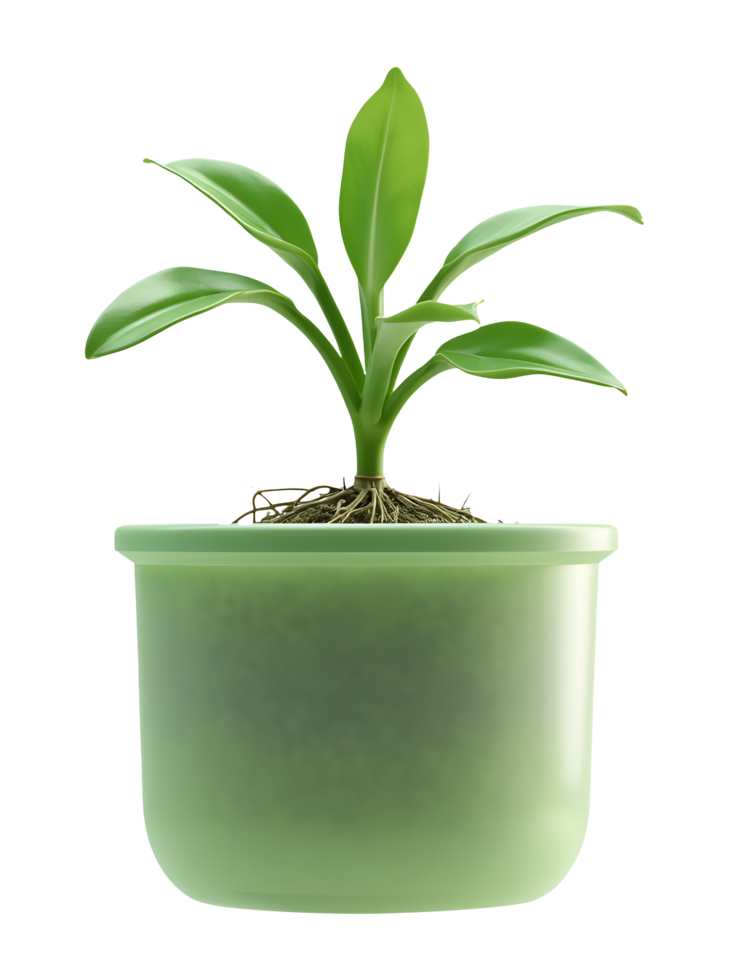 Young green plant with visible roots growing in green pot, symbolizing fresh growth and vitality png
