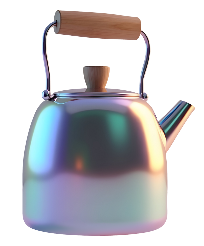 Iridescent kettle with wooden handle and spout reflecting colorful light png
