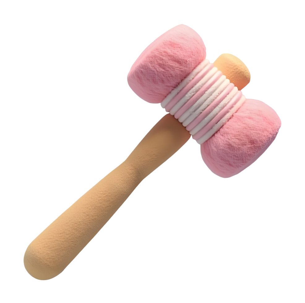 Soft pink hammer with wooden handle isolated transparency background, gentle tool for delicate png