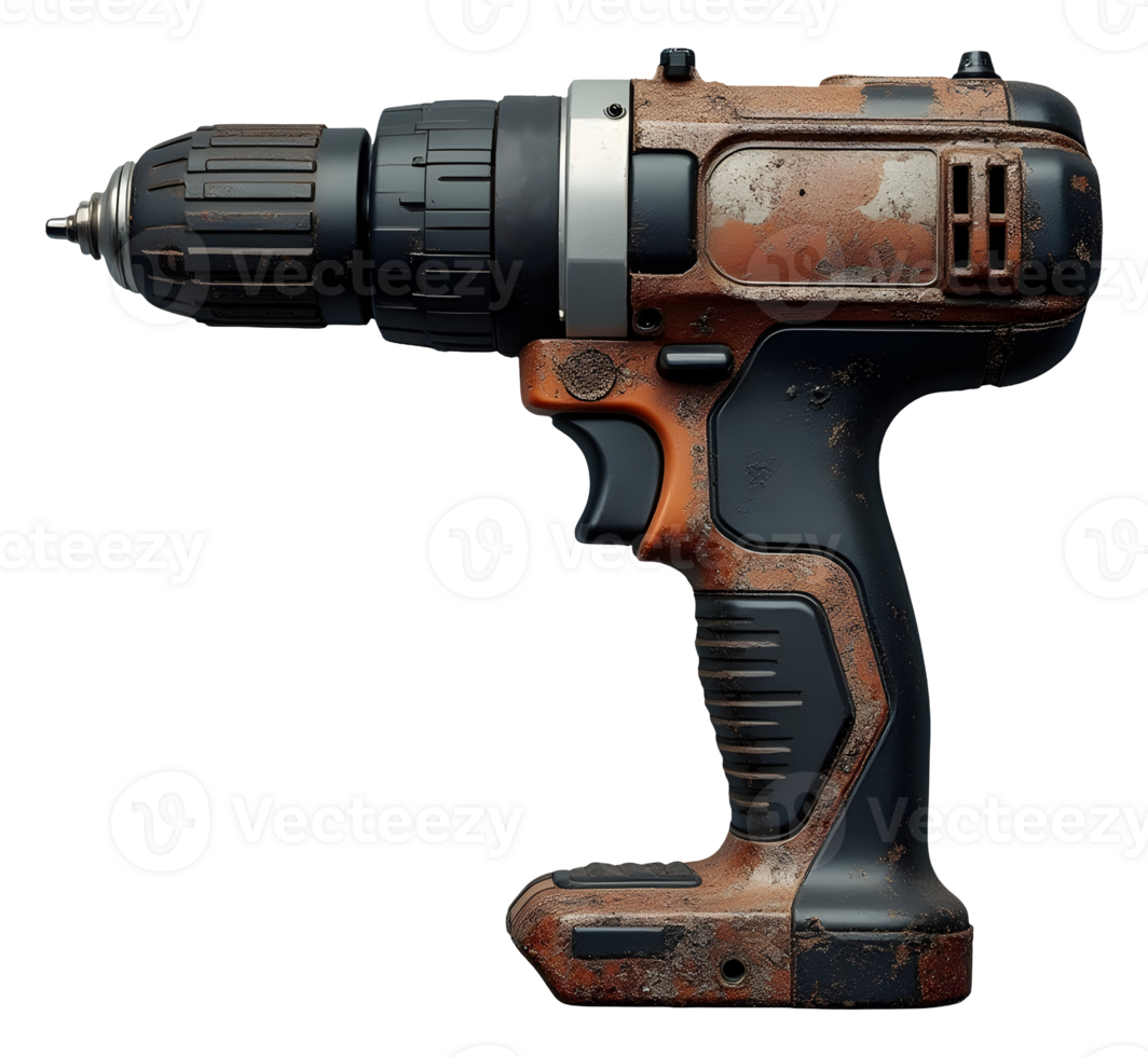 Rusty cordless drill with worn metal and plastic parts showing heavy use png