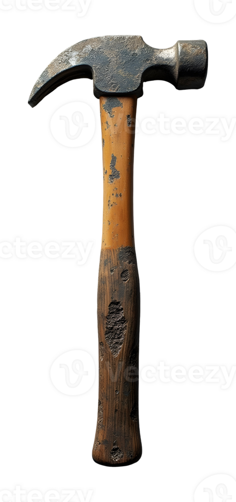 Worn claw hammer with wooden handle showing signs of heavy use and rust png