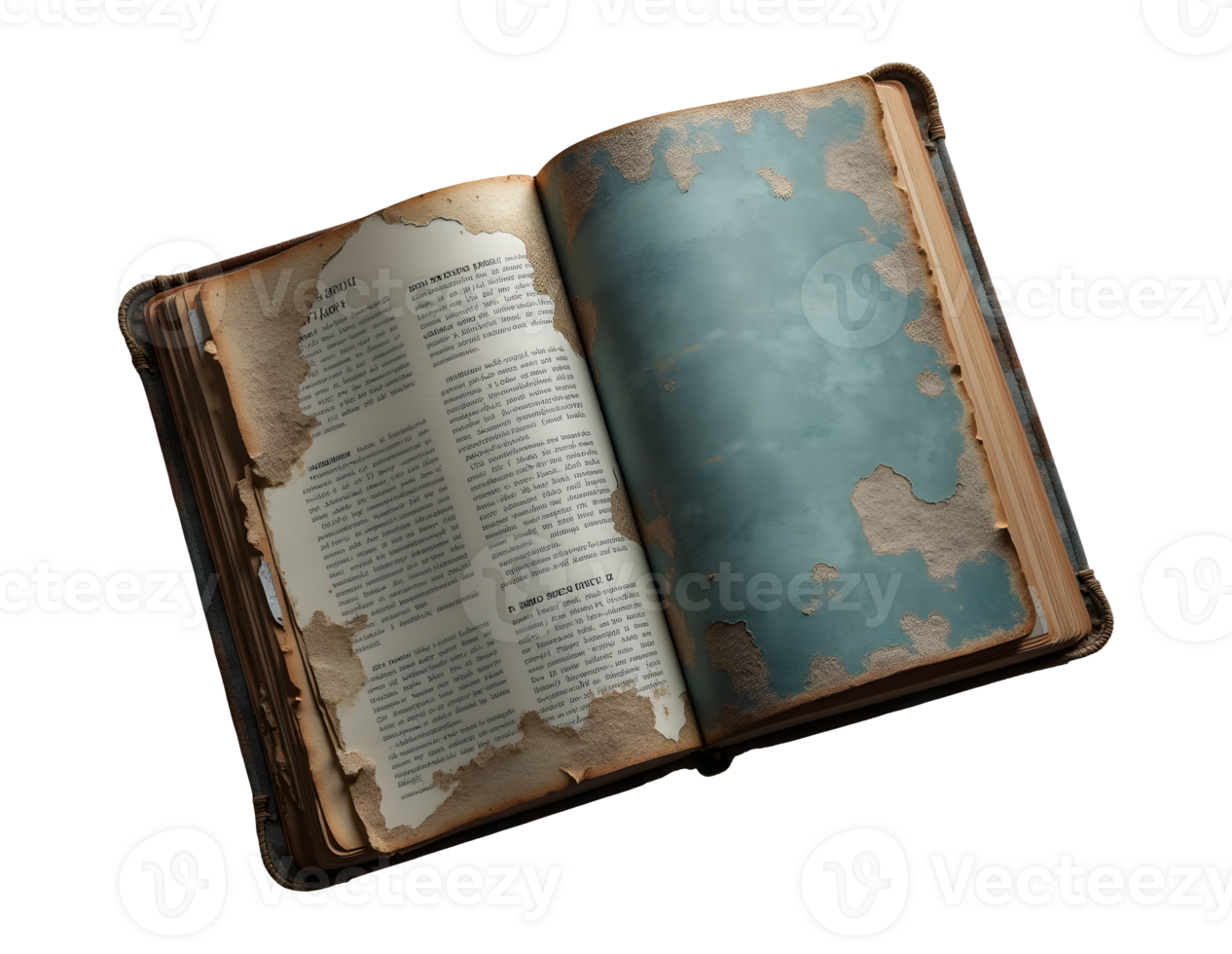 Old book with worn and torn pages showing aged text and faded blue cover png