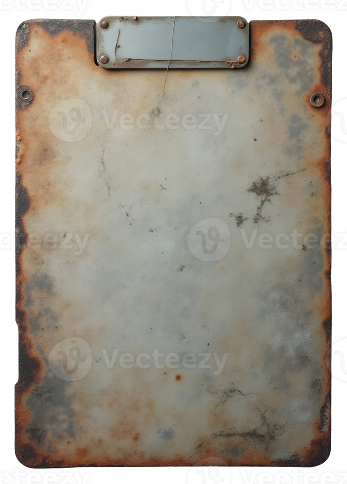Rusty metal clipboard with weathered surface and aged texture showing wear and tear png