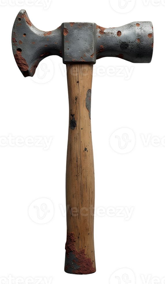 Old rusty hammer tool with wooden handle showing wear and texture png