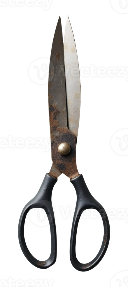 Old rusty scissors with worn metal blades and black handles, suggesting discarded past png