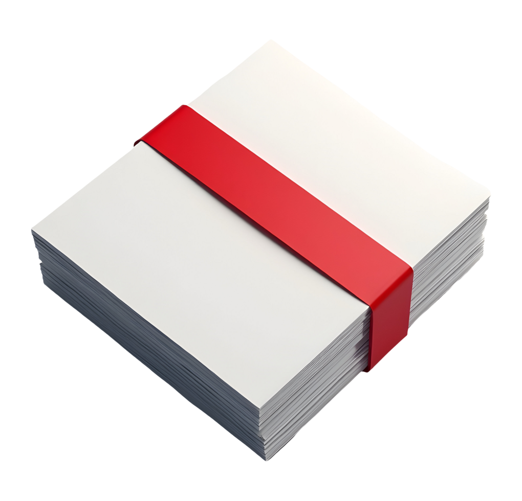 Neatly tied stack of blank paper bound with vibrant red ribbon for presentation png