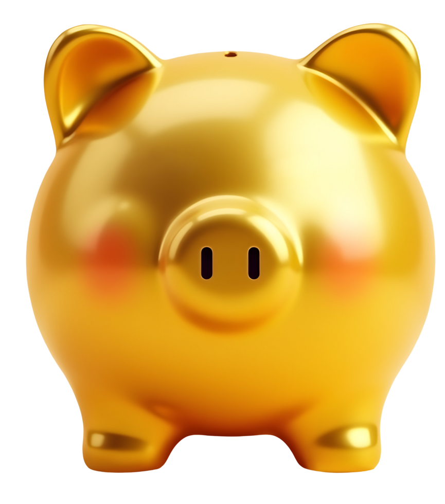 Golden piggy bank encourages happy money saving for future finance png