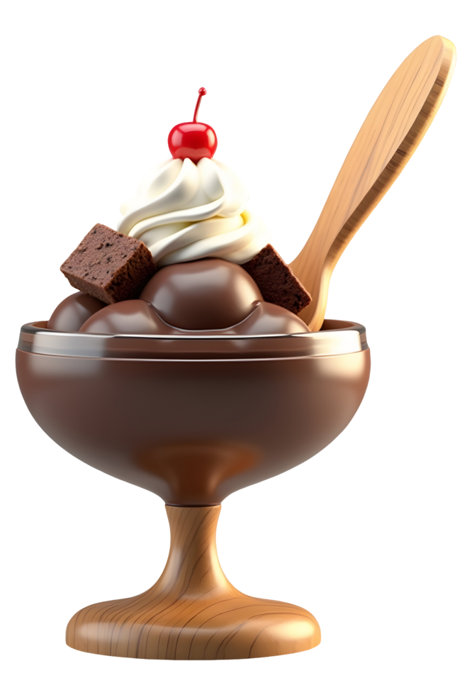Indulgent chocolate sundae, sweet dessert featuring whipped cream, brownie, and cherry png