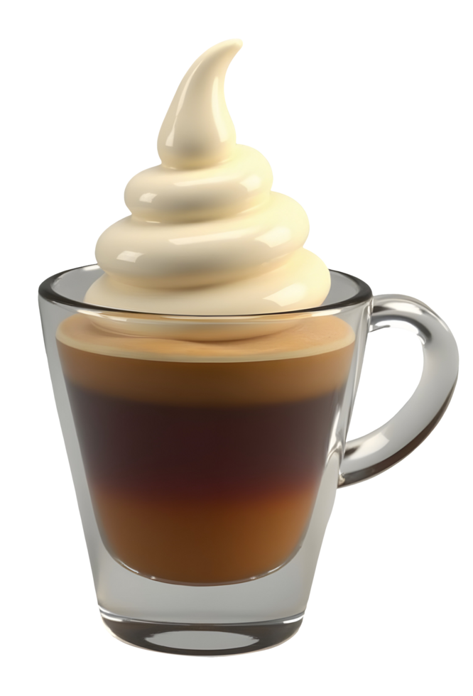 Rich espresso and delightful cream swirl layered in glass cup, tempting treat png