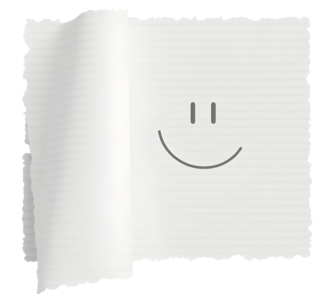 Cheerful smiley face drawn on simple torn white paper sheet png