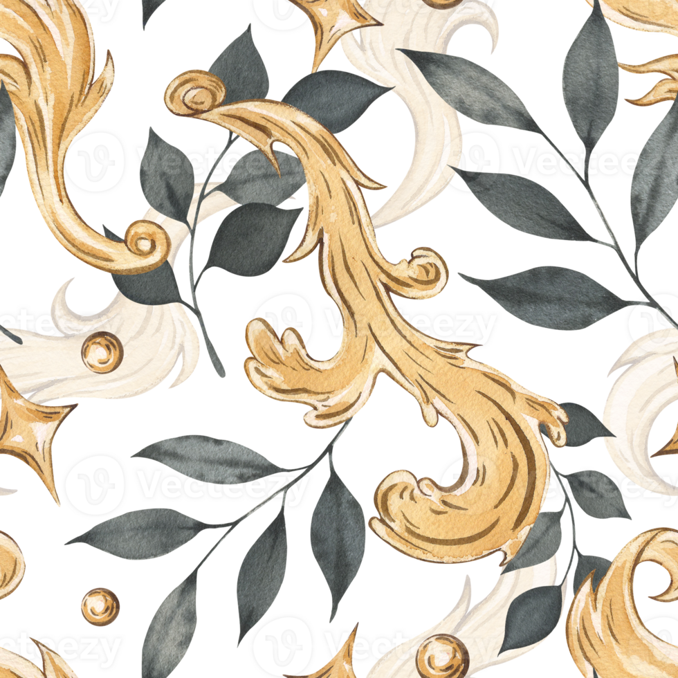 Watercolor seamless pattern with gold monograms and black leaves. Gold patterns, monograms and moldings with black branches with leaves. Print for fashionable, stylish design. png