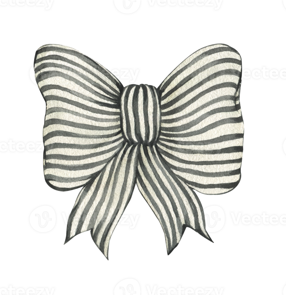 Watercolor striped bow isolated on white background. Illustration of black and white striped fabric bow. Elegant fabric bow, accessory. Design and decoration of postcards, gifts. png