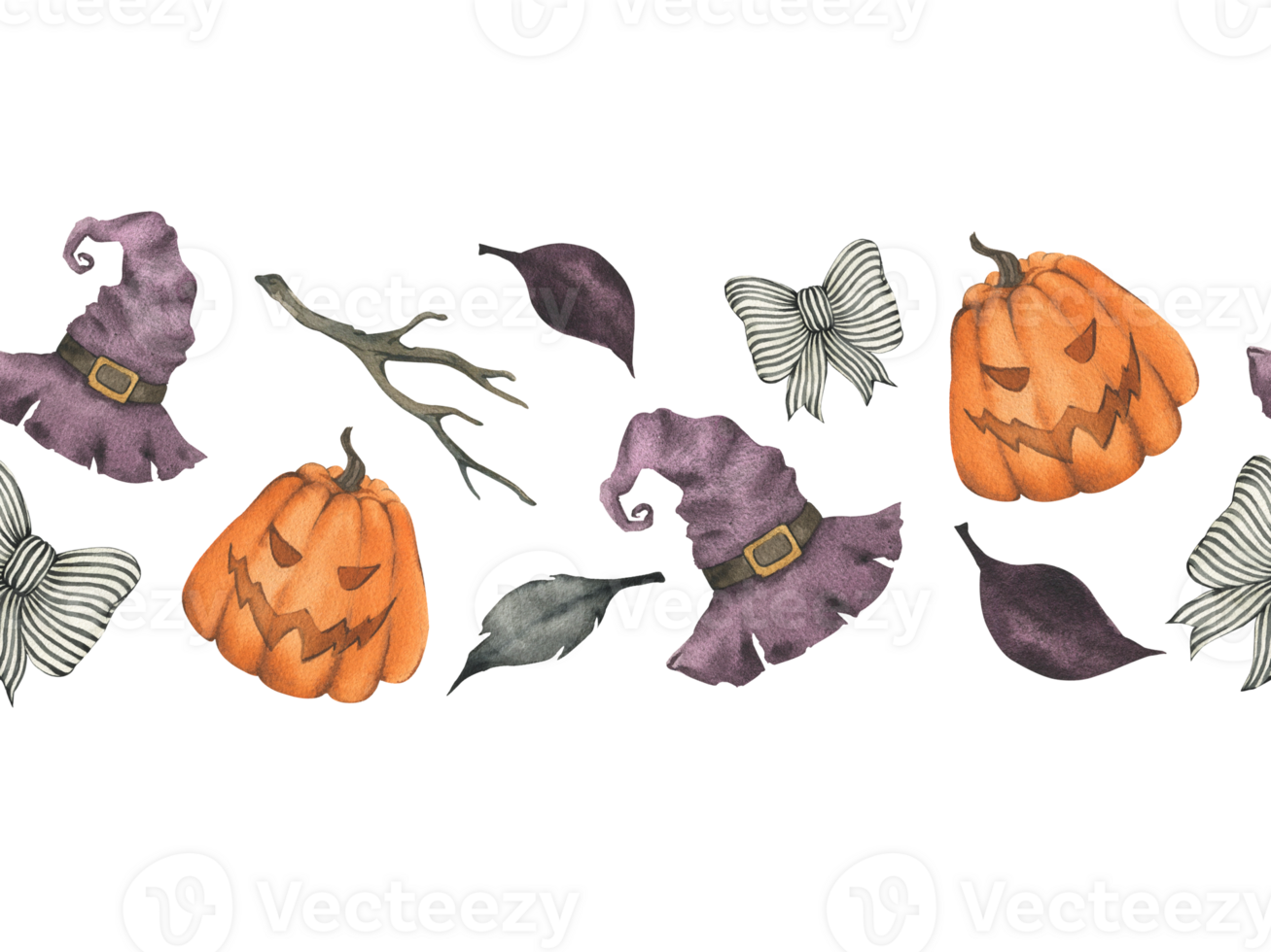 Halloween watercolor seamless border. Pumpkin, bows, branches and leaves, witch hat. Watercolor illustration of Halloween garland. Horizontal banner for design and decoration. png