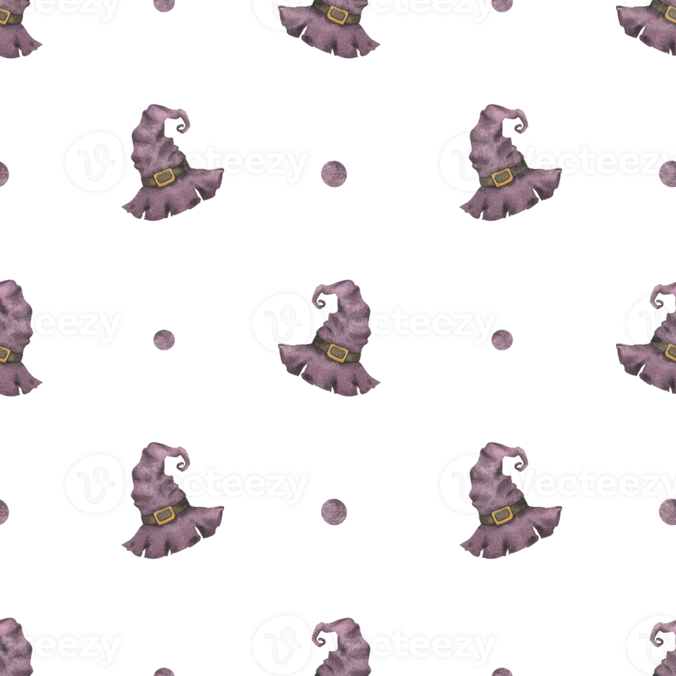 Watercolor seamless pattern with witch hat and polka dots. Purple witch hat, witch flask. Halloween print for design and decoration. png