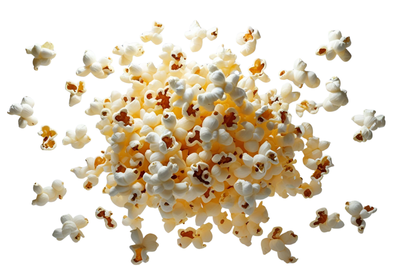 Popcorn flying isolated. Tasty popped snack with clipping path display. png