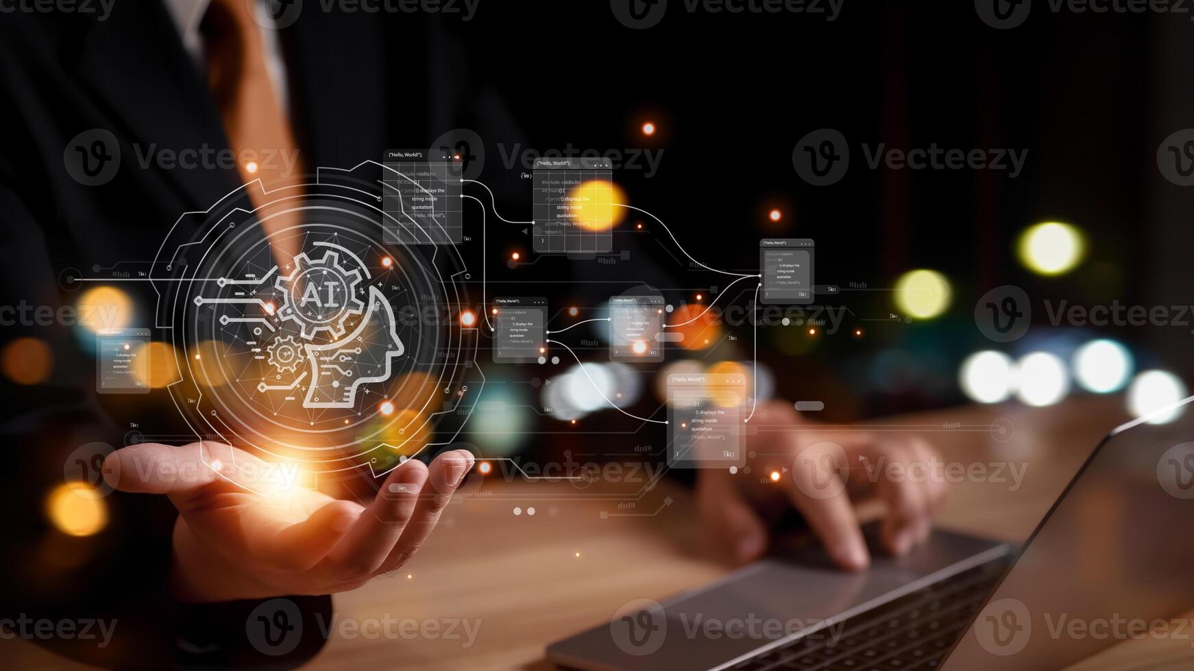 Technology and people concept man use AI to help work, AI Learning and Artificial Intelligence Concept. Business, modern technology, internet and networking concept. AI technology in everyday life. photo