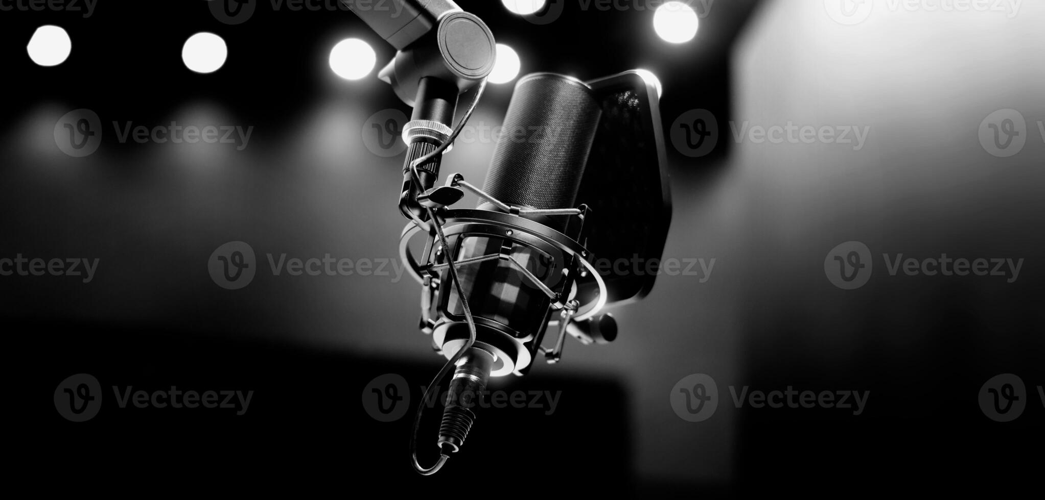 Professional studio, microphone with a pop filter is suspended boom arm and studio lights photo