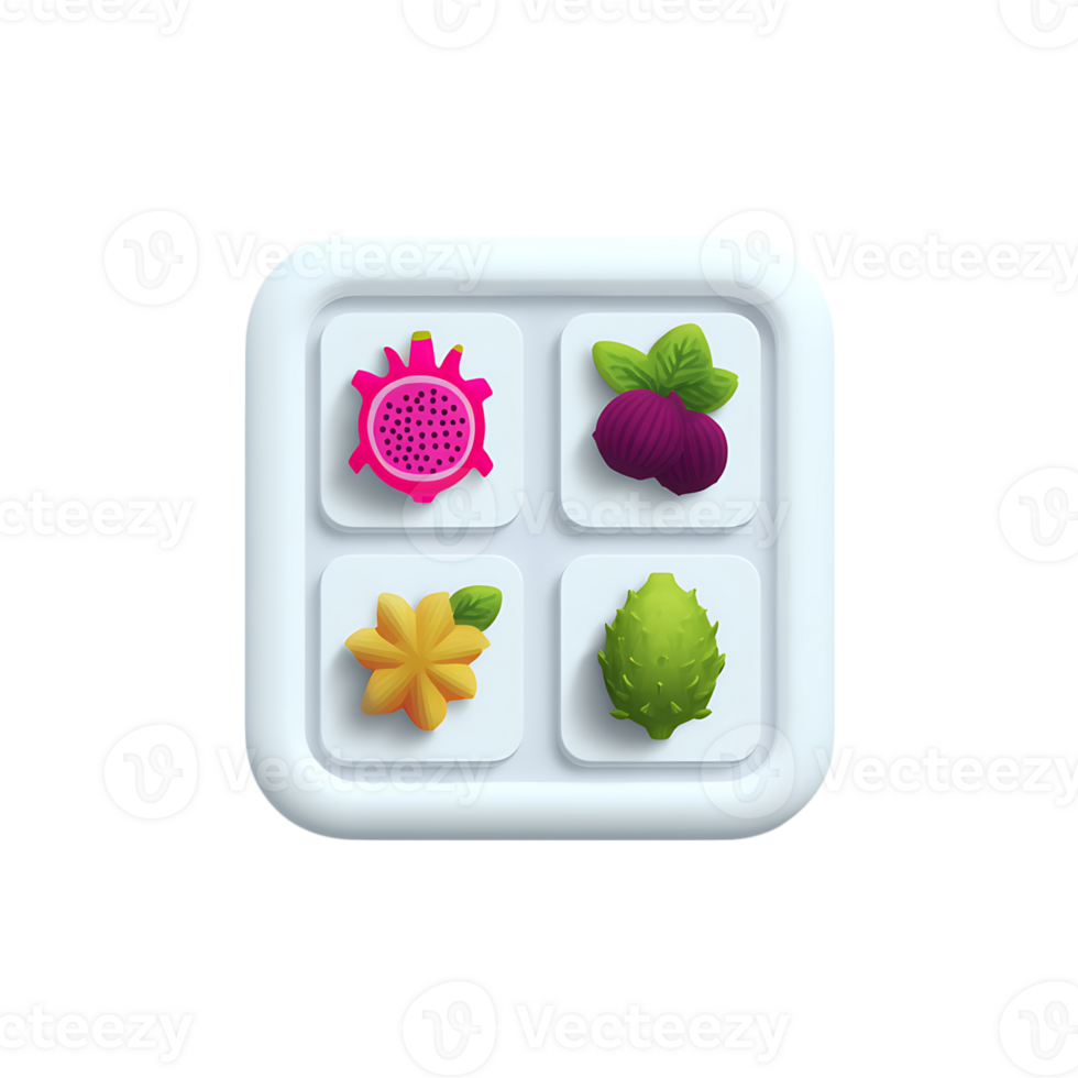 Colorful stylized tropical fruits in square white tray with transparent background png
