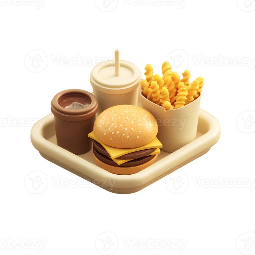 fast food meal with burger fries and drinks on tray png