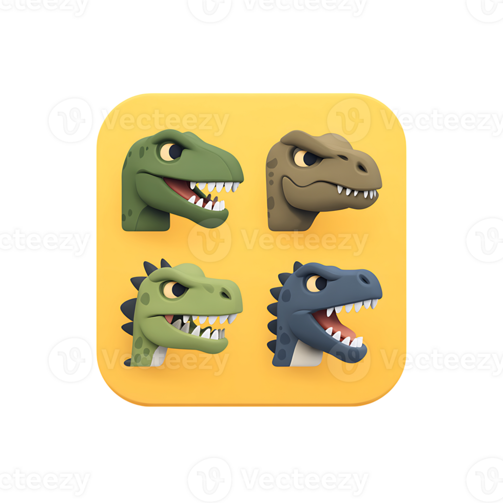 four colorful cartoon dinosaur heads on yellow background png