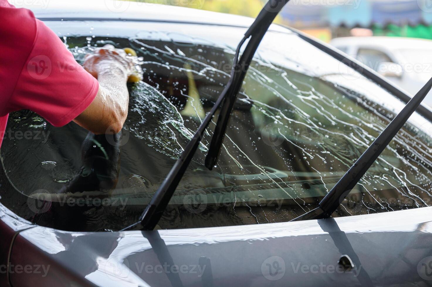 Worker washing and rubbing car with sponge and water on windshield photo