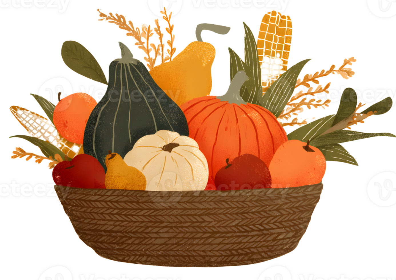 Overflowing basket featuring pumpkins, gourds, apples, and corn on the cob, representing the essence of autumn. png