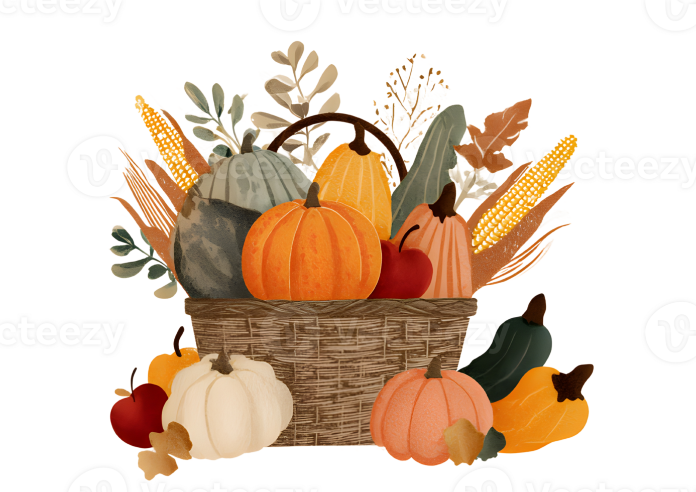 A basket overflowing with autumn produce, including pumpkins, gourds, apples, and corn on the cob. png