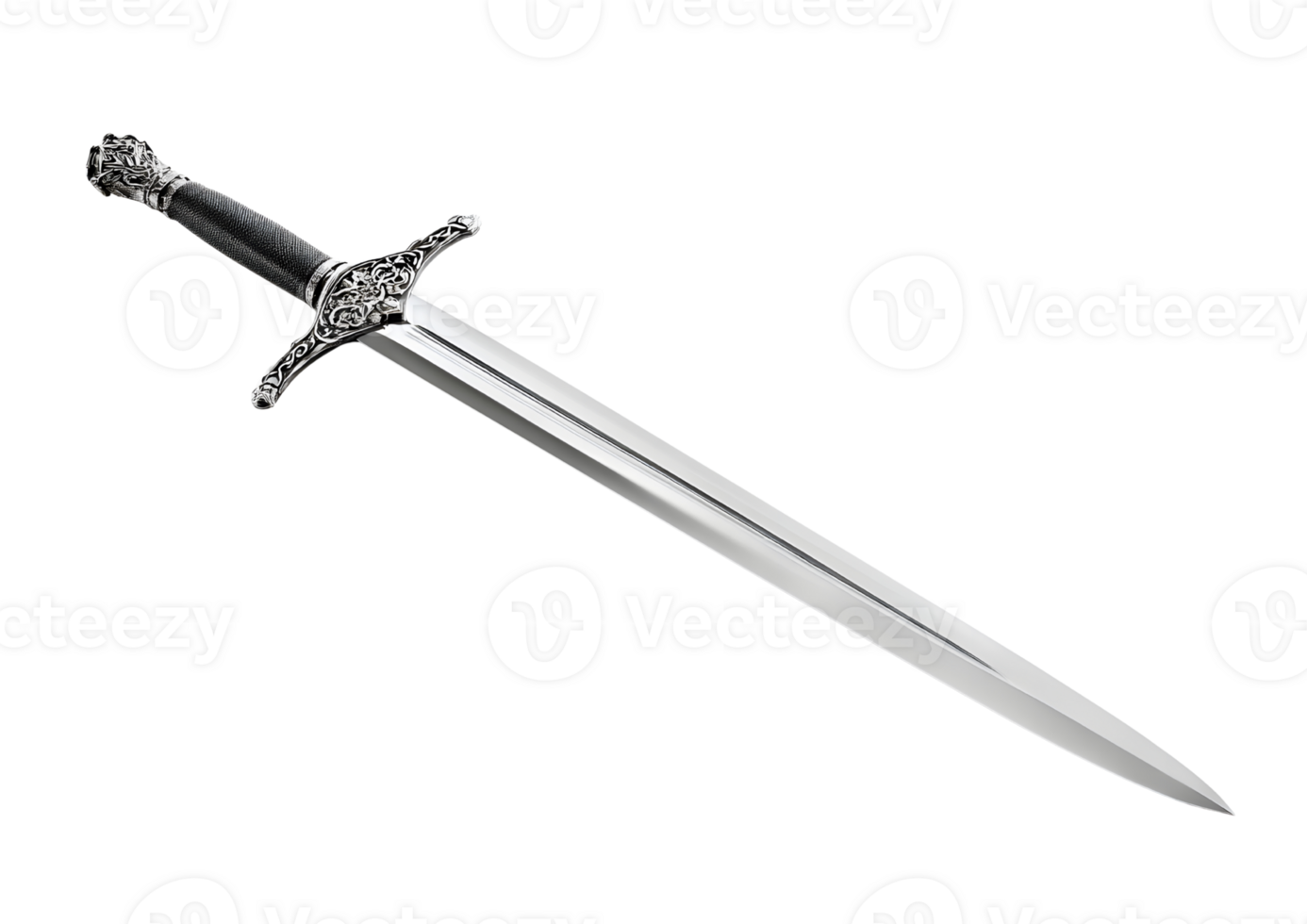 Intricate medieval sword with a detailed hilt and a sturdy blade, perfect for fantasy themes, displayed on a transparent background in high-quality format. png