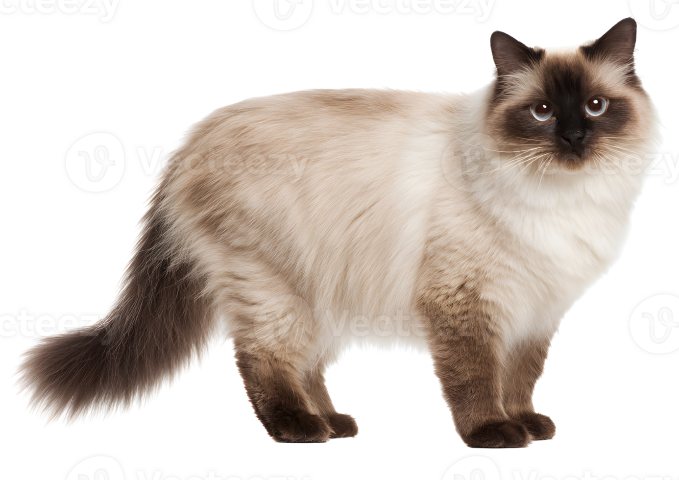 Elegant standing Colorpoint cat showcasing its distinctive markings and striking blue eyes on a transparent background in high-quality format. png