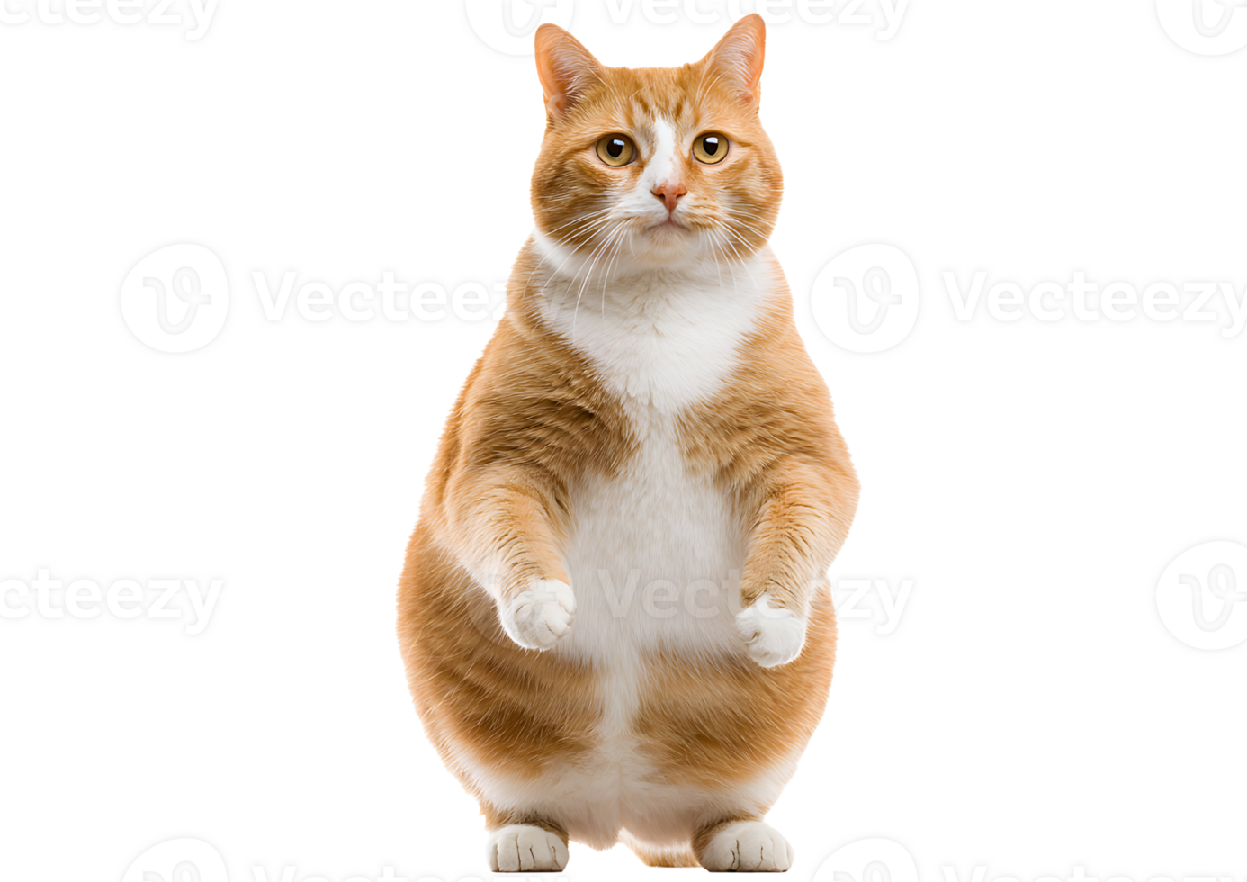 Chubby standing red ginger fat cat with big green eyes showcasing its personality on a transparent background in format. png